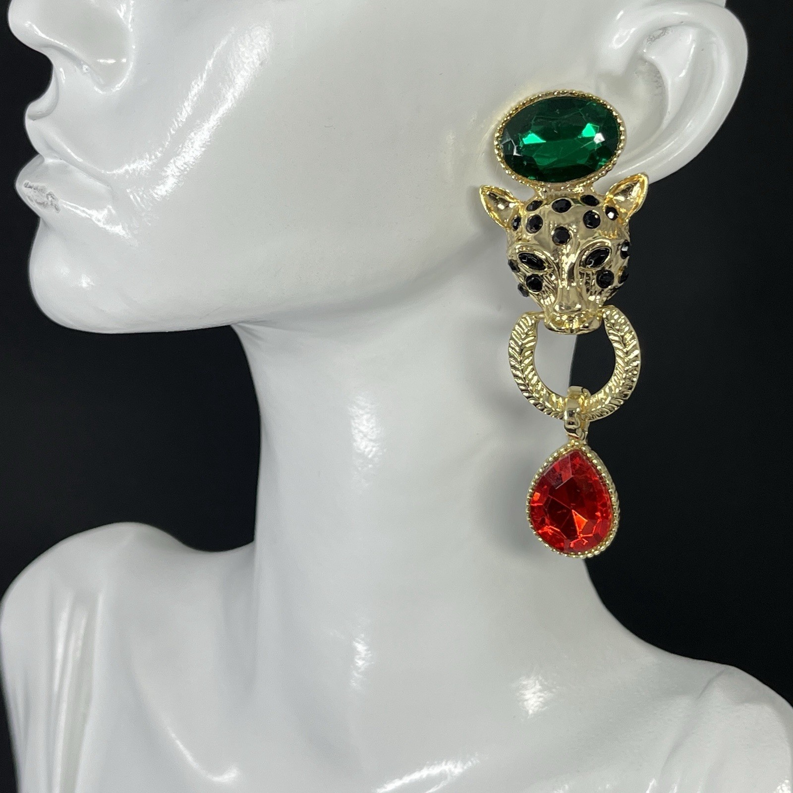 Gold Tone Lion Door Knocker Earrings Pierced Jaguar Cat Red Green Statement Drop