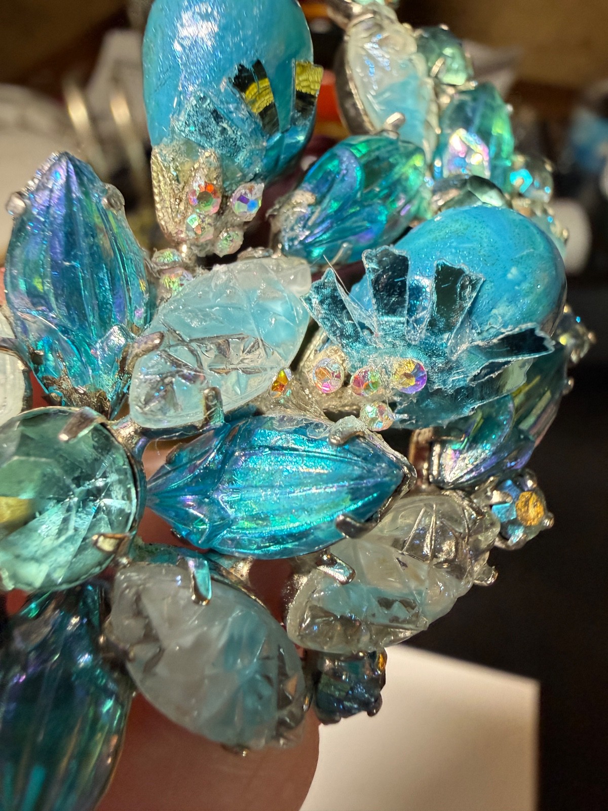 Vintage High End Brooch blue givre glass 3D molded iridescent rhinestones Floral
