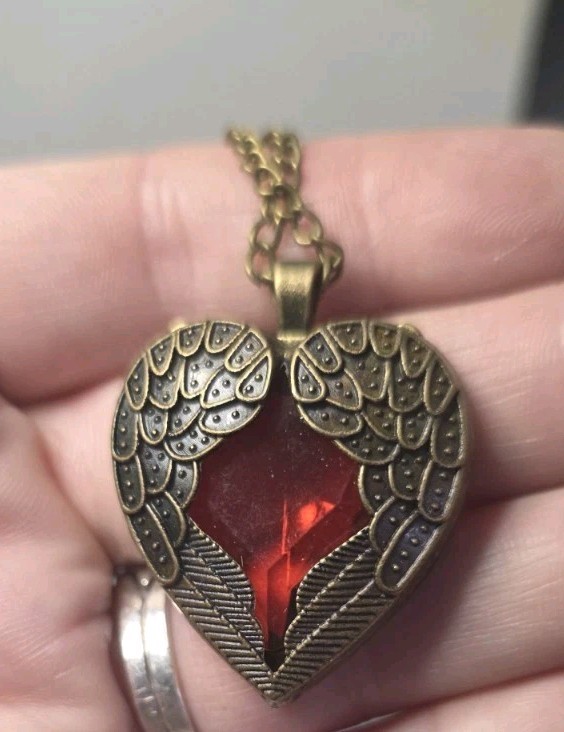 Antique Brass Metal Red Heart Winged Pendant Necklace, No Closure, 26″