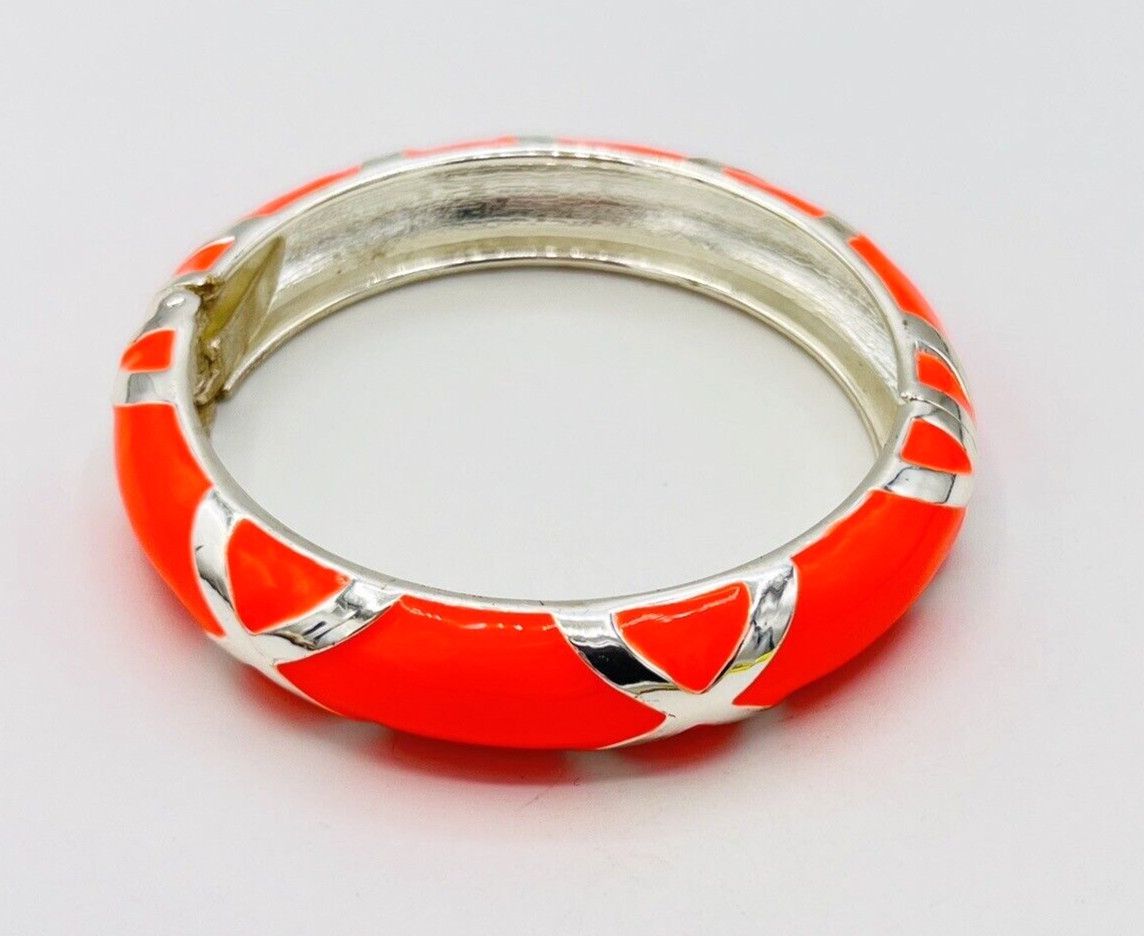 Vintage Silver Tone Bright Neon Coral Orange Enamel Hinged Bangle Bracelet