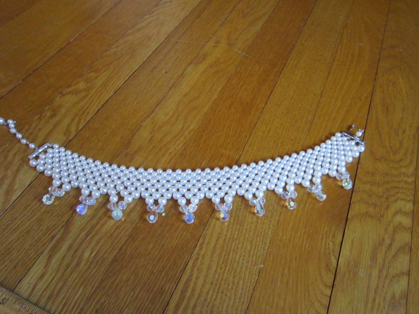 Vtg Faux Pearl Crystal Bead Choker Necklace Layered Bib Statement Wedding Retro