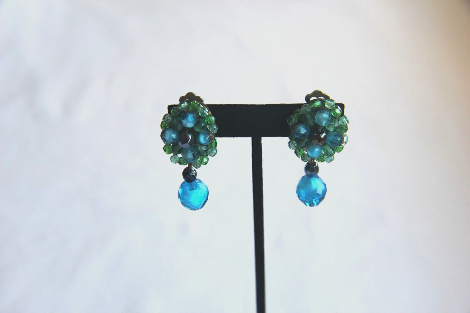 Vintage W Germany Dangle Cluster Clip Earrings Blue & Green Glass Faceted Beads