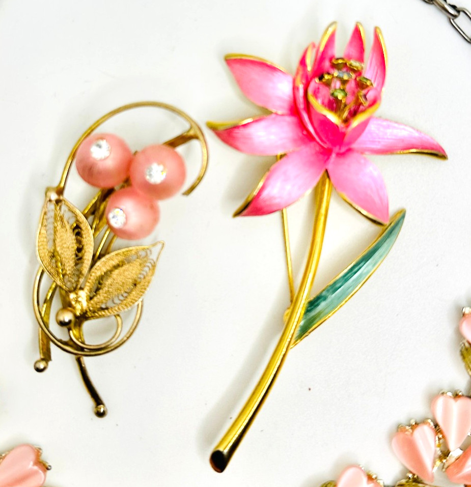 Lot Lisner PINK Moonglow Lucite Necklace, Park Lane & Other Rhinestone Brooches