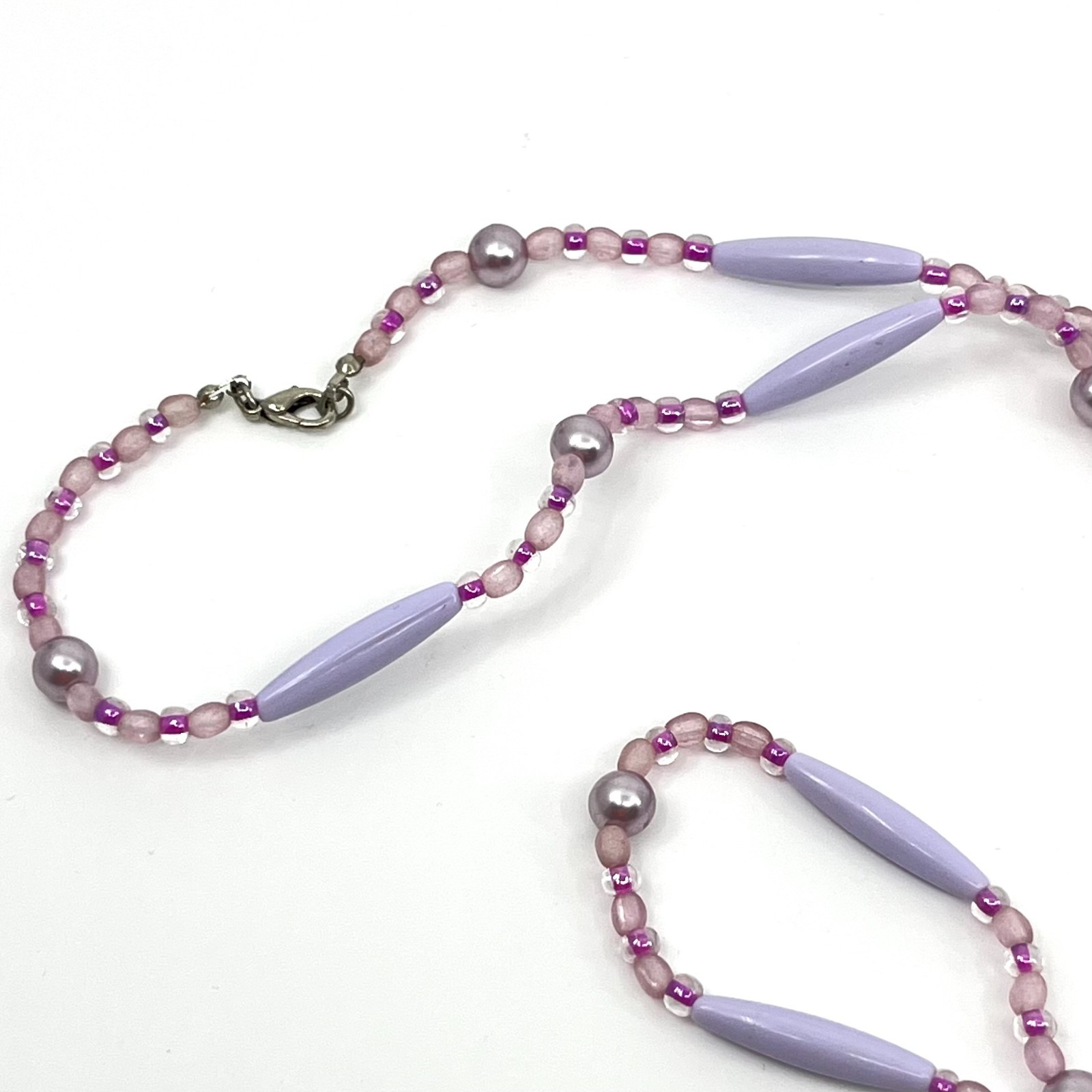 Vintage Lavender Purple Beaded Strand Necklace Long Boho Faux Pearl Mixed Beads