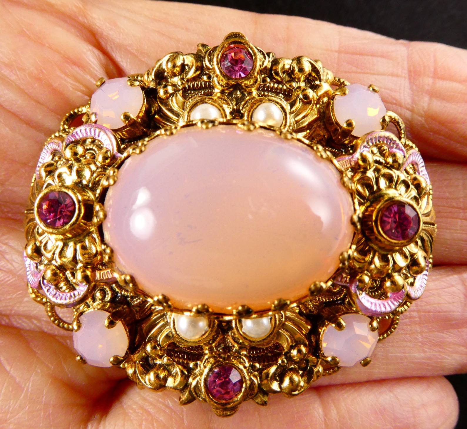 Vintage West Germany Opaline Pink Glass & Rhinestone Filigree Pin Brooch Oval