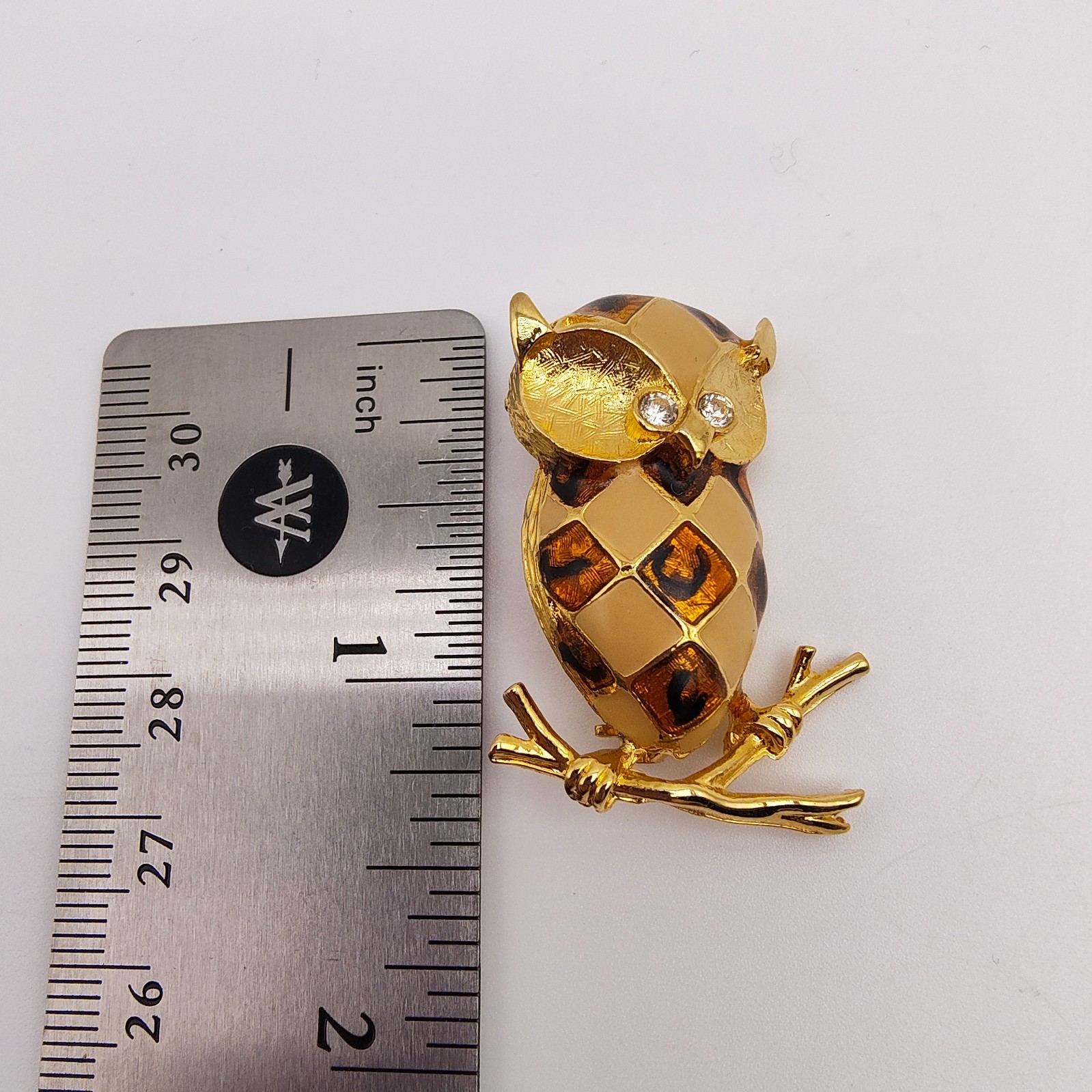 Vintage Owl Brooch Gold Tone Brown Tan Harlequin Enamel Rhinestone Eyes Retro