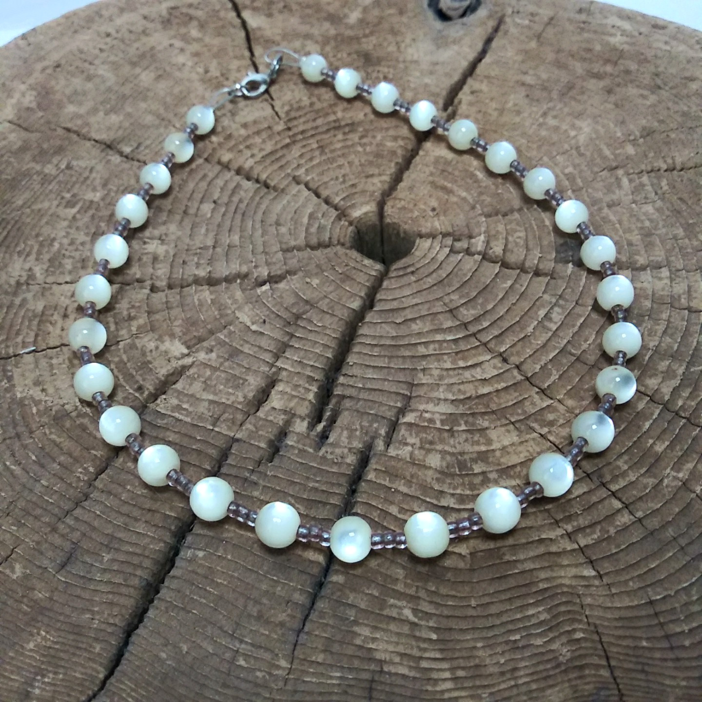 Moonglow Lucite & Glass Bead Choker Necklace 14″ Handmade Vintage Beads