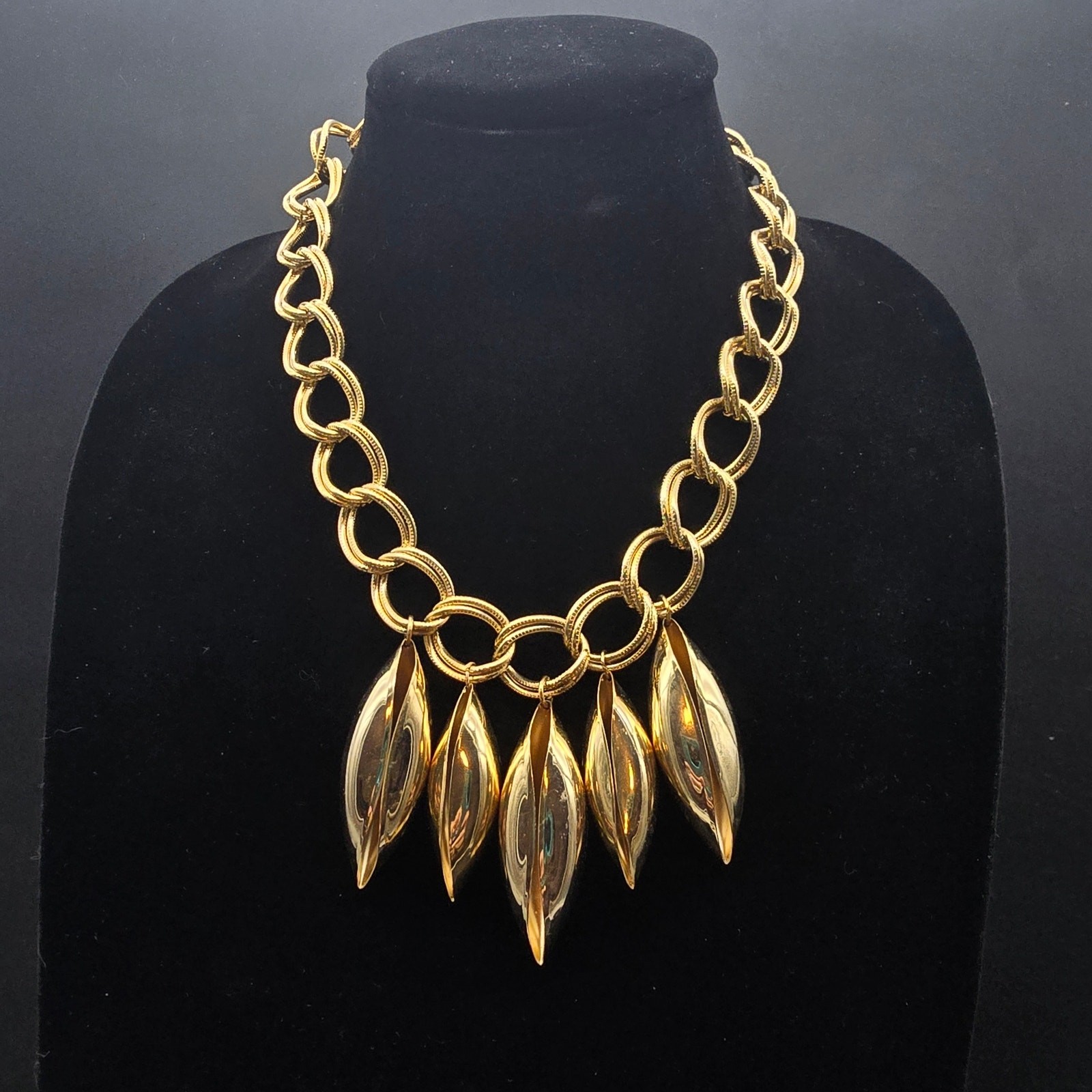 Gold Tone Chain Necklace with Pod Charms Statement Vintage Jewelry