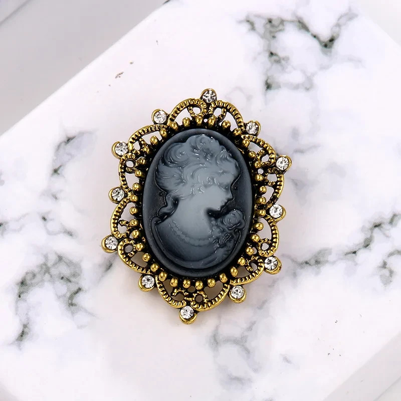 Vintage Victorian Style Cameo Brooch Pin Petite Black & Gray Rhinestone New