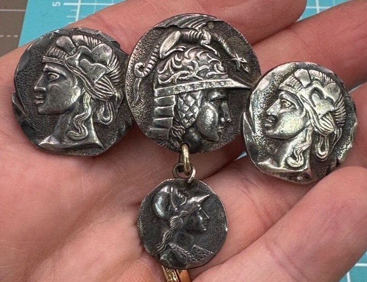 Silver Washed Etruscan St George with Dragon and Other Medallions Brooch