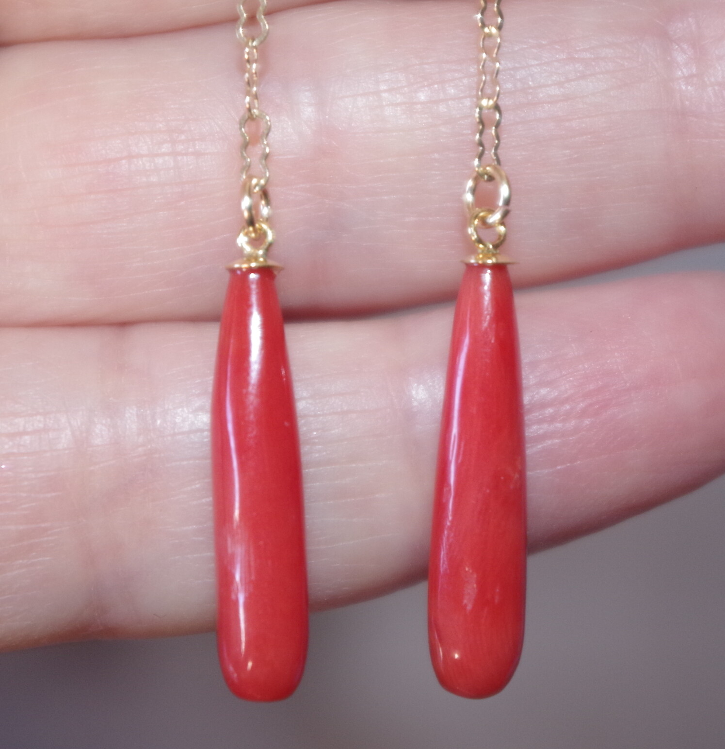 14K 52MM Ox Red Italian Triangular Stud Coral Teardrop Earrings Made to Order