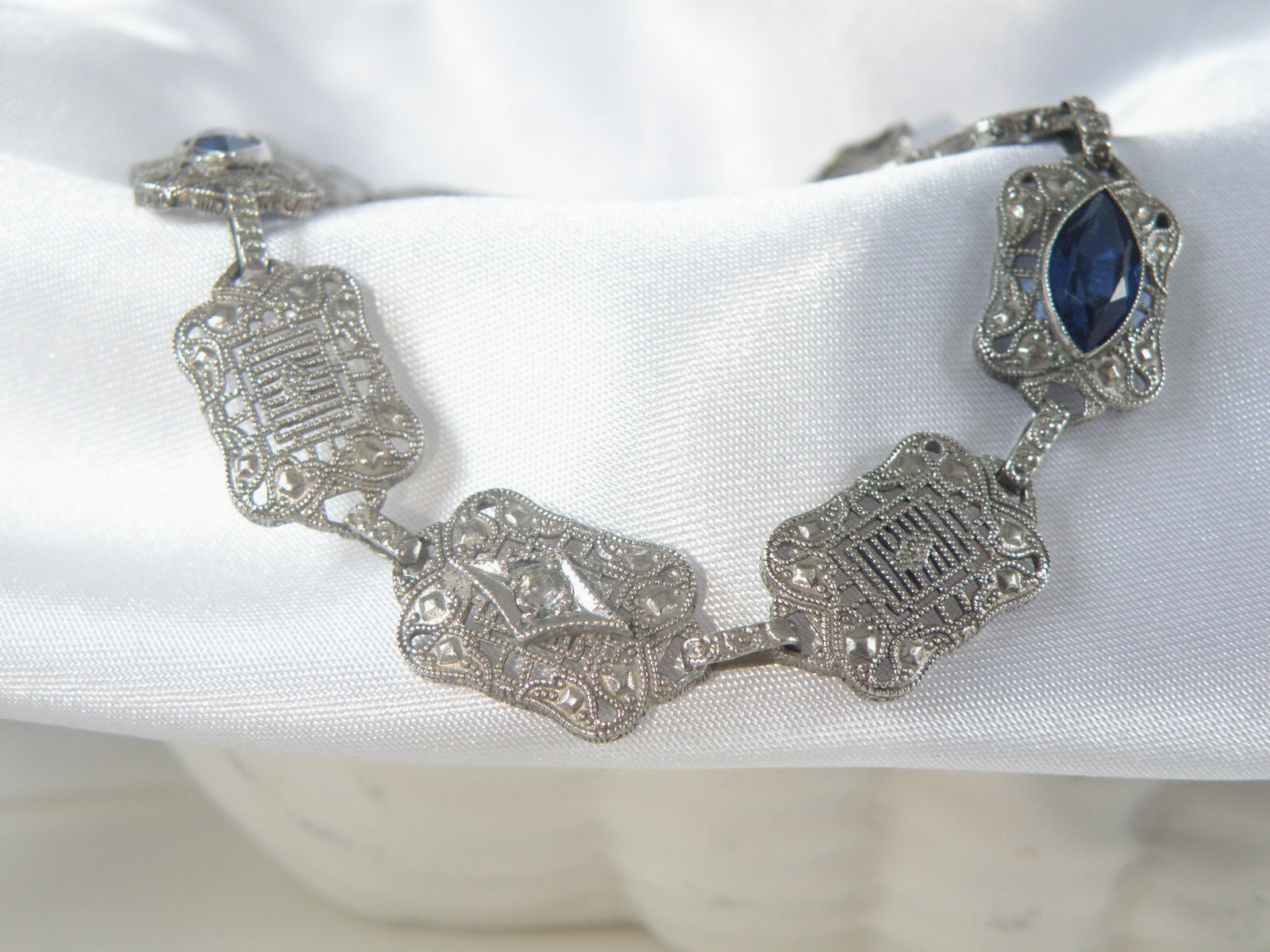 Art Deco Sterling Silver Sapphire Paste Filigree Station Antique Bracelet 7.5″