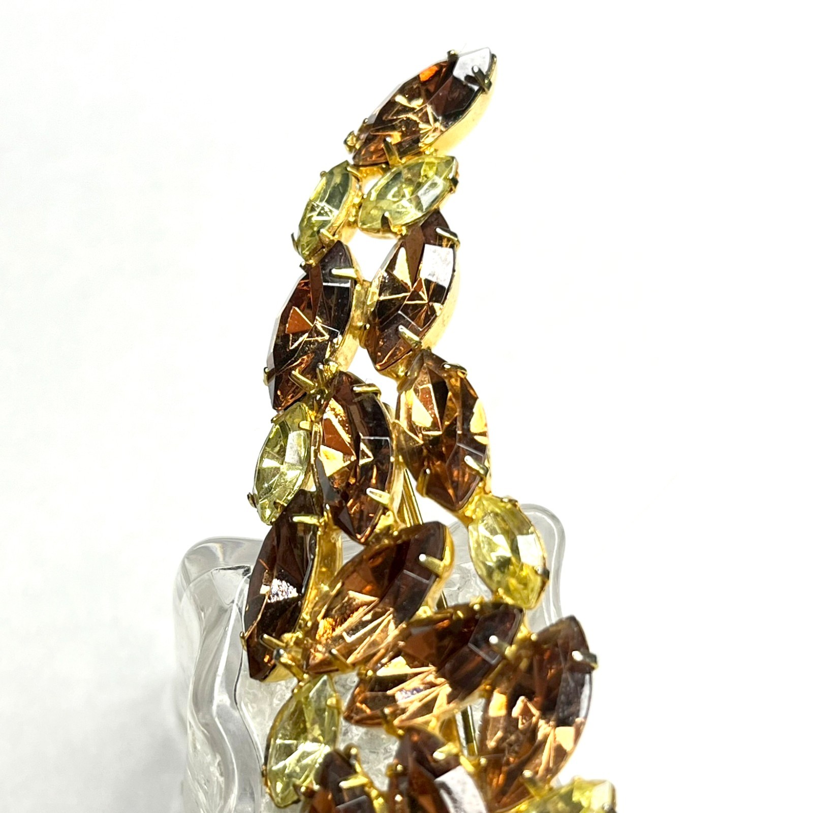 Large VTG Juliana? Leaf Flame Swoosh Brown Yellow Navette Rhinestone Pin Brooch