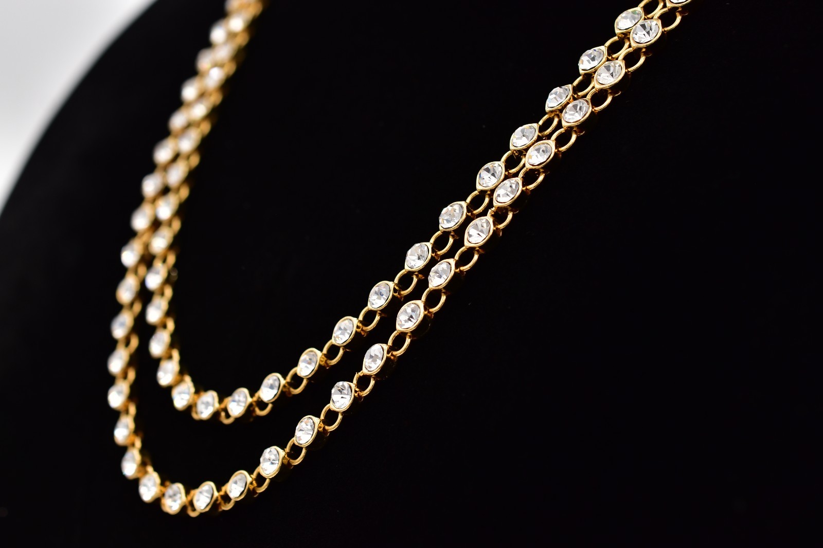 Vintage 50″ Gold Tone Clear Rhinestone Long Necklace Sparkle Crystal 1990s Bin3D