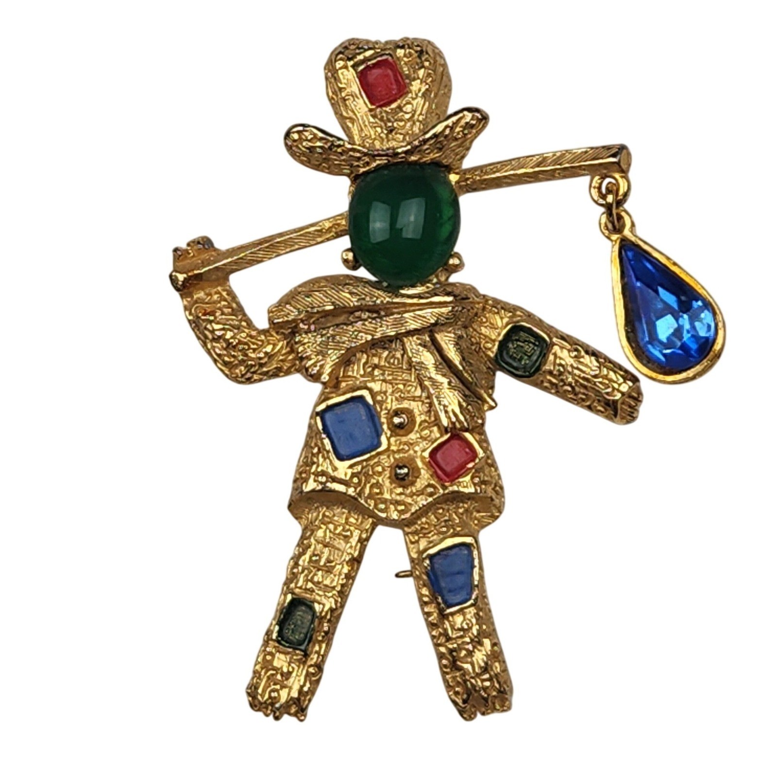 Vintage Florenza Brooch Hobo Clown Gold Tone Cabochon Blue Teardrop Pin