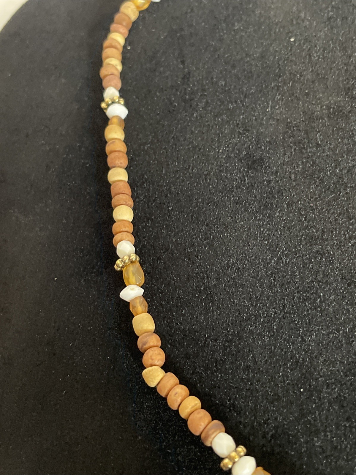 Wood Amber Resin White Beaded Lariat Choker Necklace 17 inches Hanging Pendant