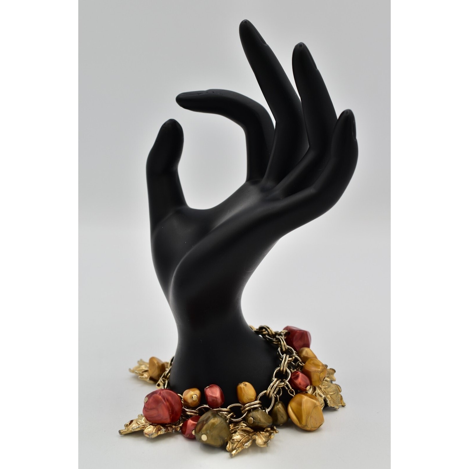 Vintage 7″ Charm Bracelet Leaf Lucite Brushed Gold Fall Autumn Chunky 1960s BinO