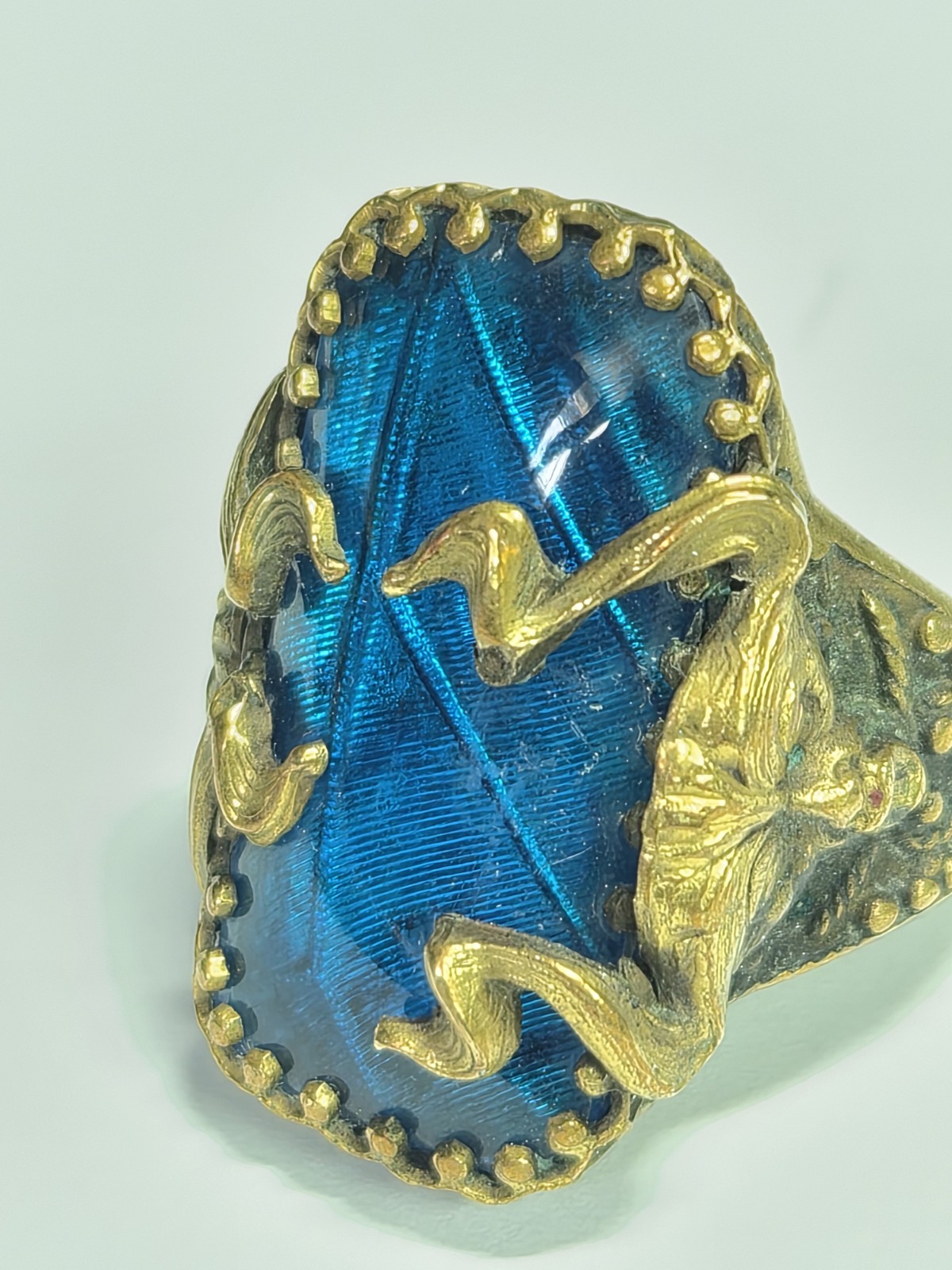 Antique Art Deco Blue Morpho Butterfly Wing Green Man? Pan? Czech? Ring Devil