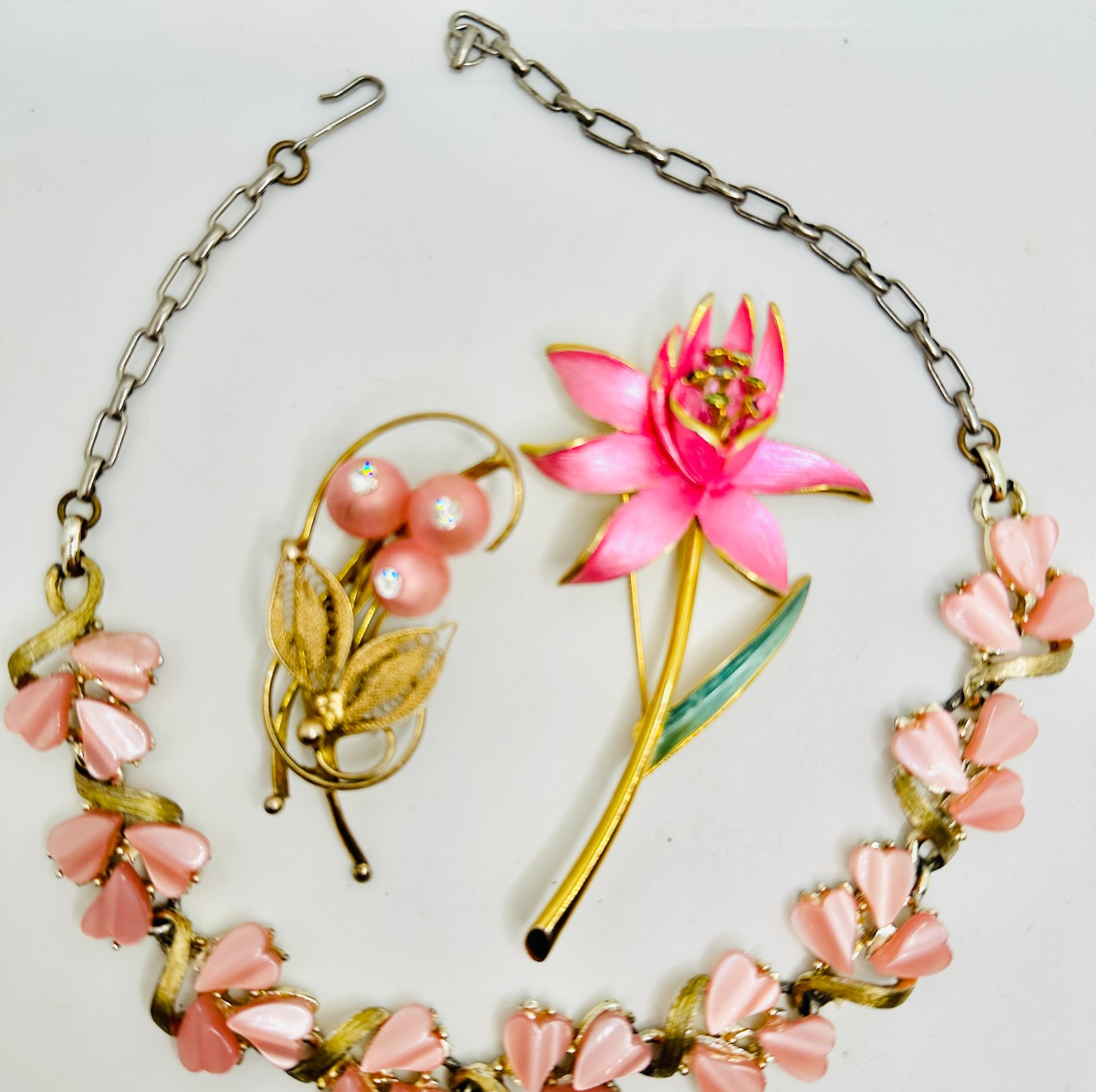 Lot Lisner PINK Moonglow Lucite Necklace, Park Lane & Other Rhinestone Brooches