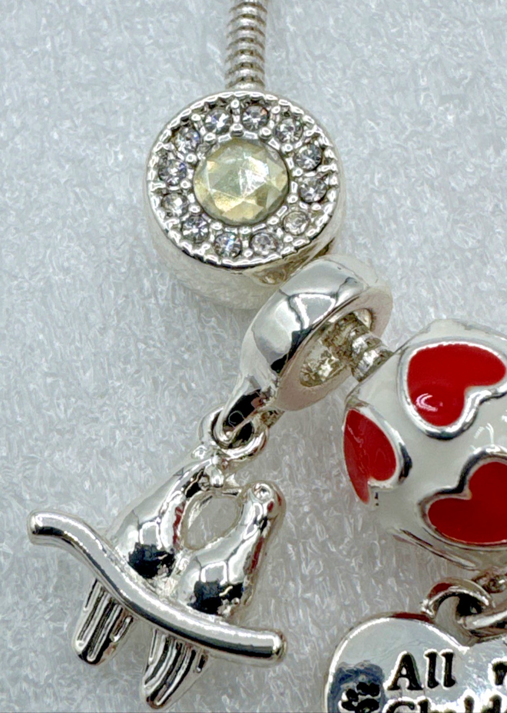 Silver Tone Snake Chain Charm Bracelet 6.5” – 13 Charms Pets Flowers Hearts Love