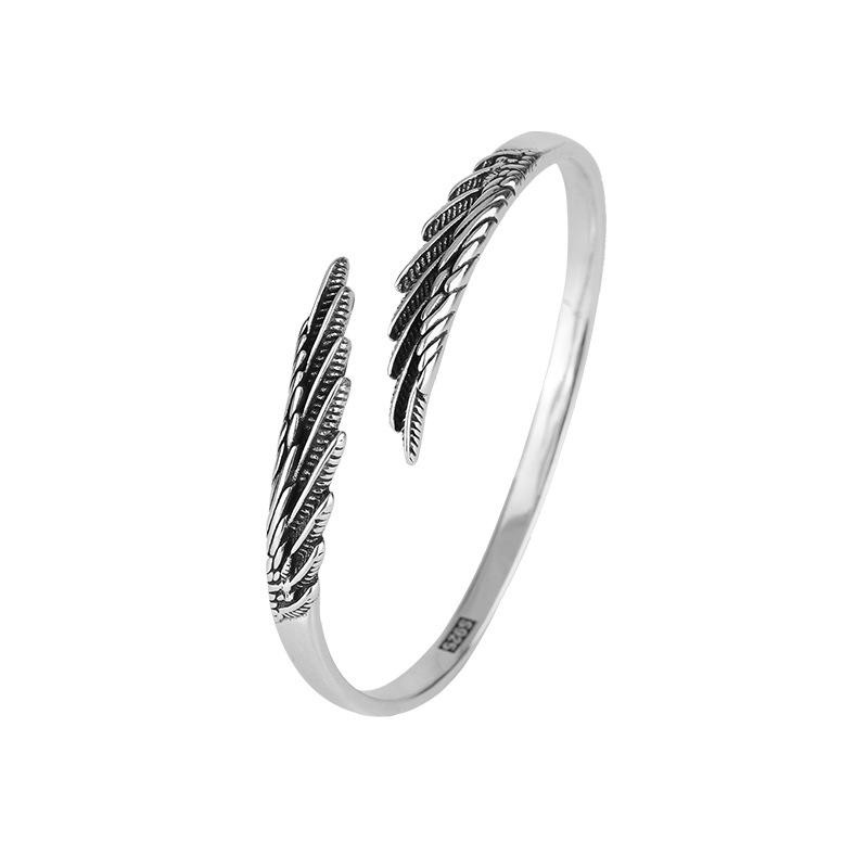 Retro Feather 925 Sterling Silver Open Bracelet, Thai Style Trendy Wings Design