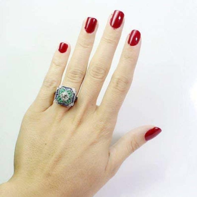Art Deco 5.55 Ct White Round Cut Sapphire Emerald CZ Flower Wedding Ring In SS