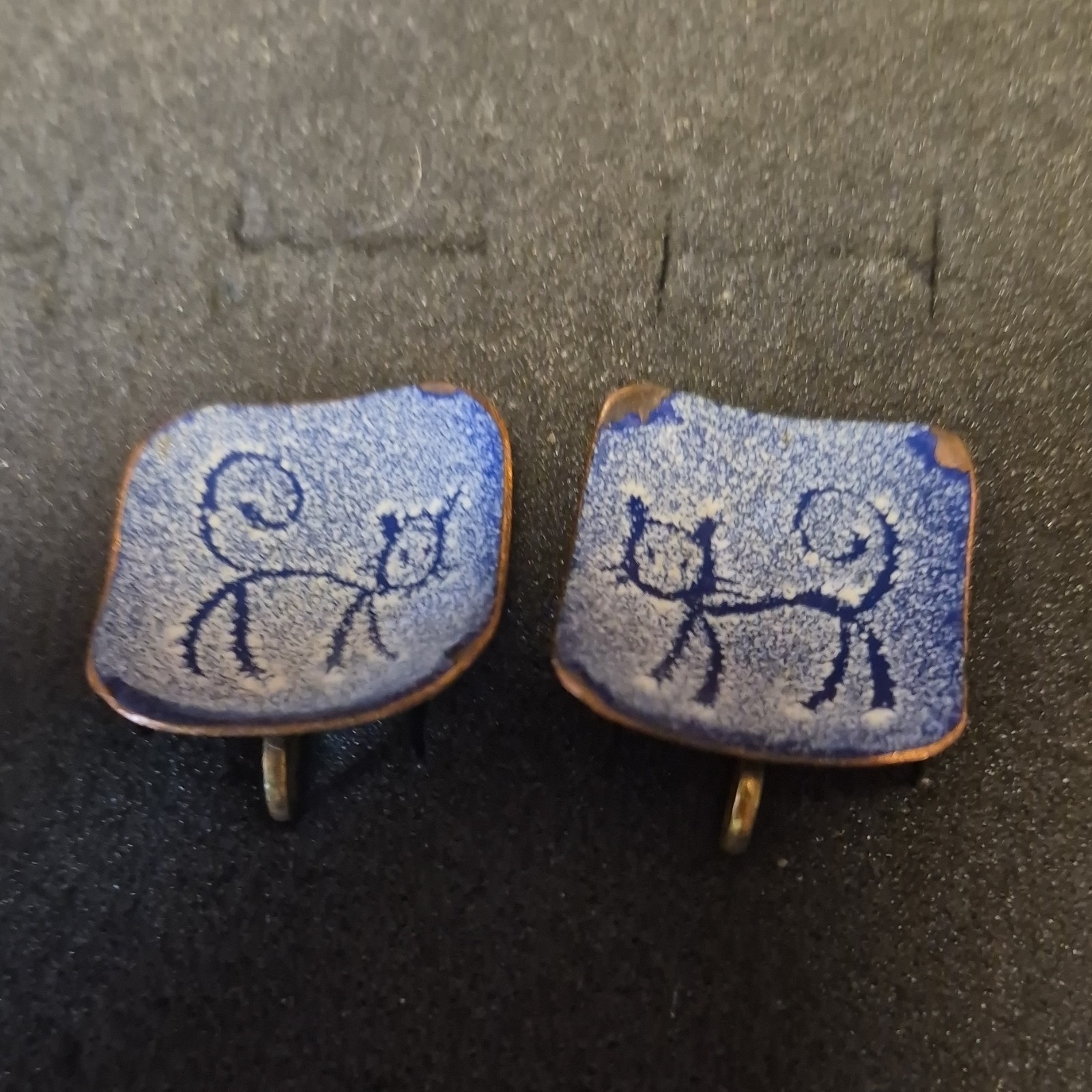 Vintage Blue Cat Enamel Brass Square Earrings Animal Theme Fashion Jewelry
