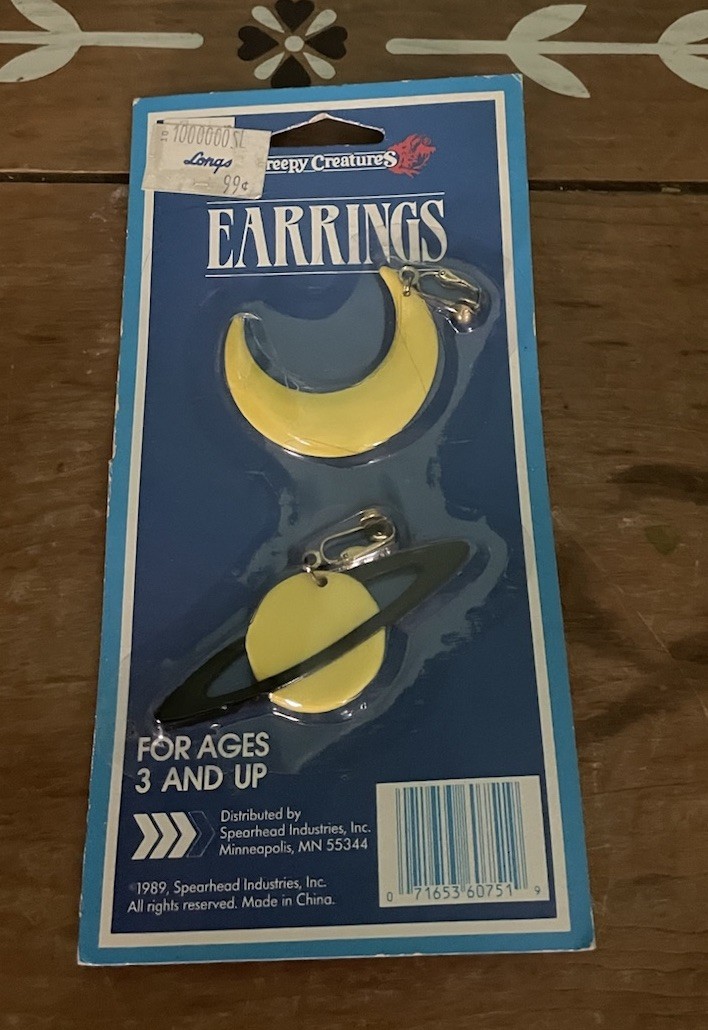 Creepy Creatures Yellow Moon And Planets Dangle Earrings Vintage 1989 NIP