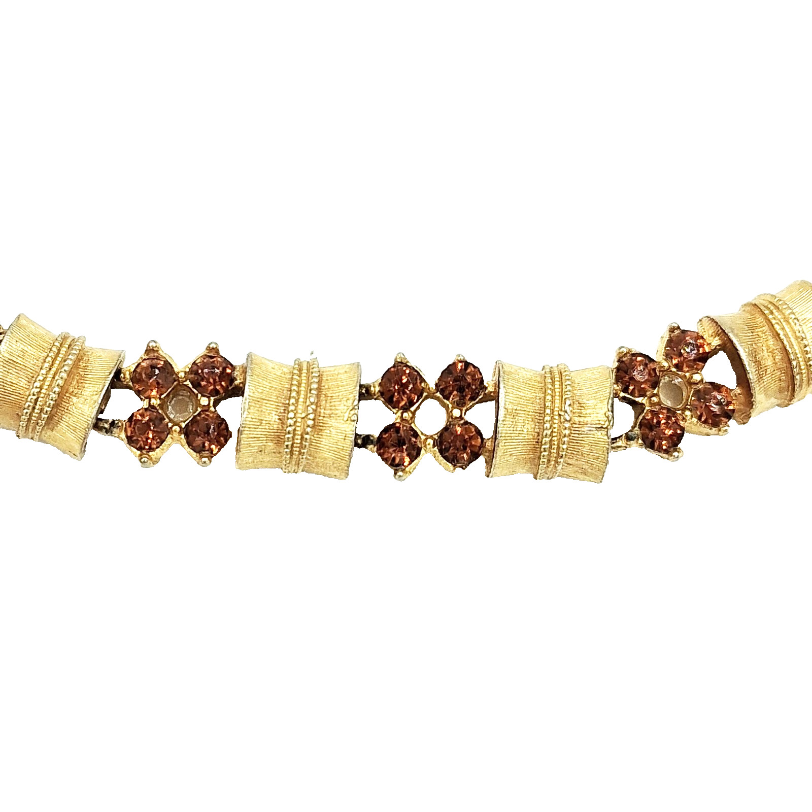 Vtg Gold Tone Link Necklace Amber Color Rhinestones Mid Century Choker 14″