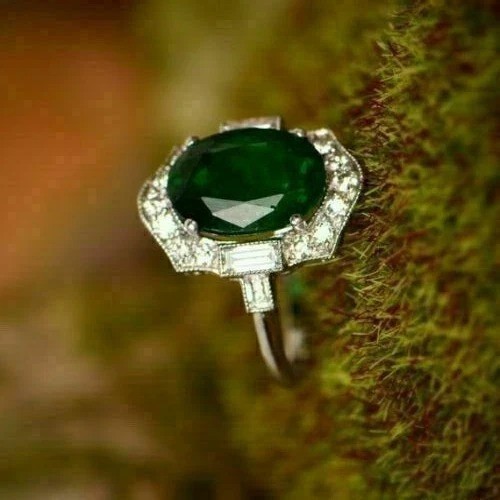 3Ct Art Deco Style Lab Created Emerald & Diamond Wedding 14K White Gold FN Ring