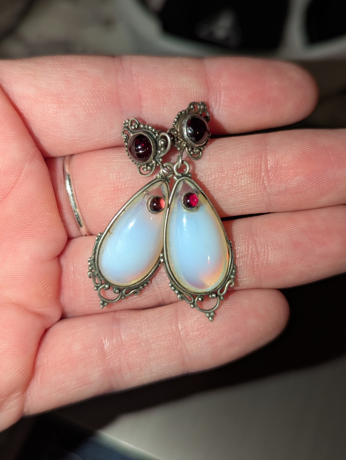 Oboline Or Moonstone and Garnet Dangle Vintage Earrings. One of A Kind Earrings