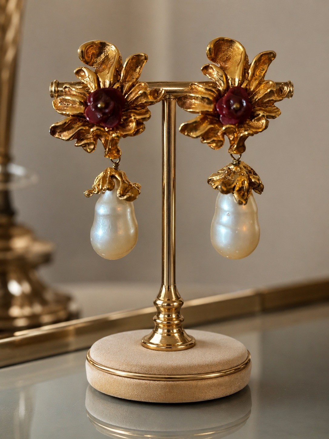 Vintage Designer Christian Lacroix Gold Plated Faux Baroque Pearl Clip Earrings.