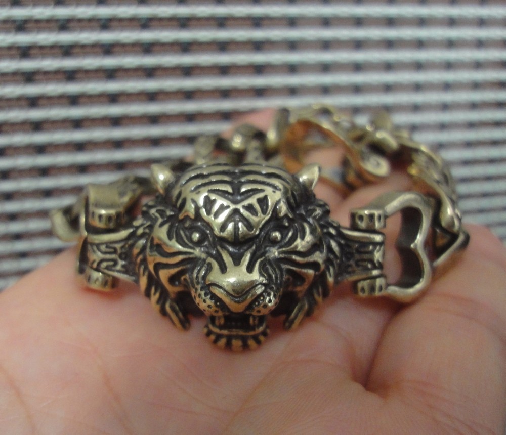 Solid Brass Cool Tiger Head Statue Vintage Style Men Bracelet with Gift Box