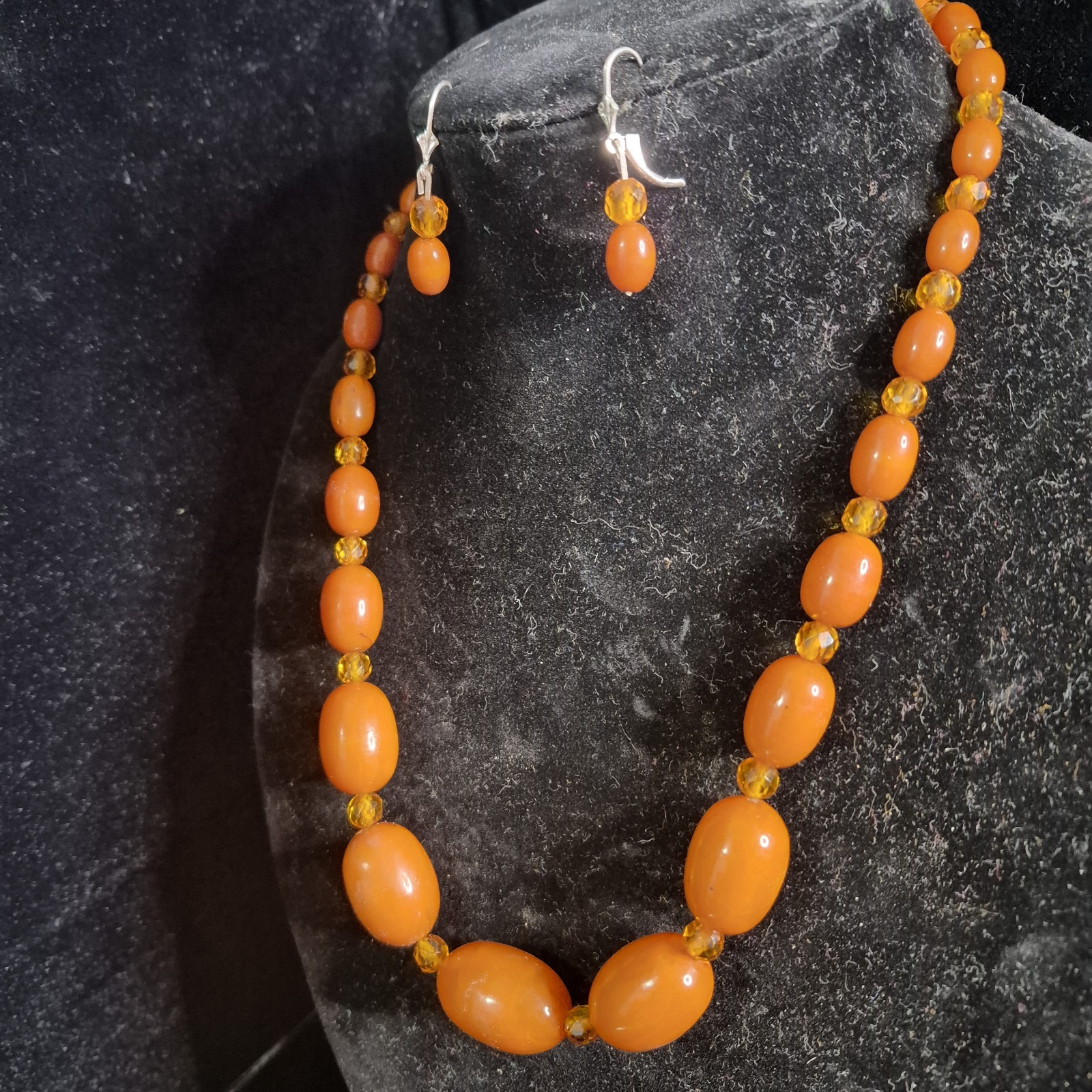 Vtg Butterscotch Bakelite Beeded Necklace and Earrings Set Sterling Silver Clasp