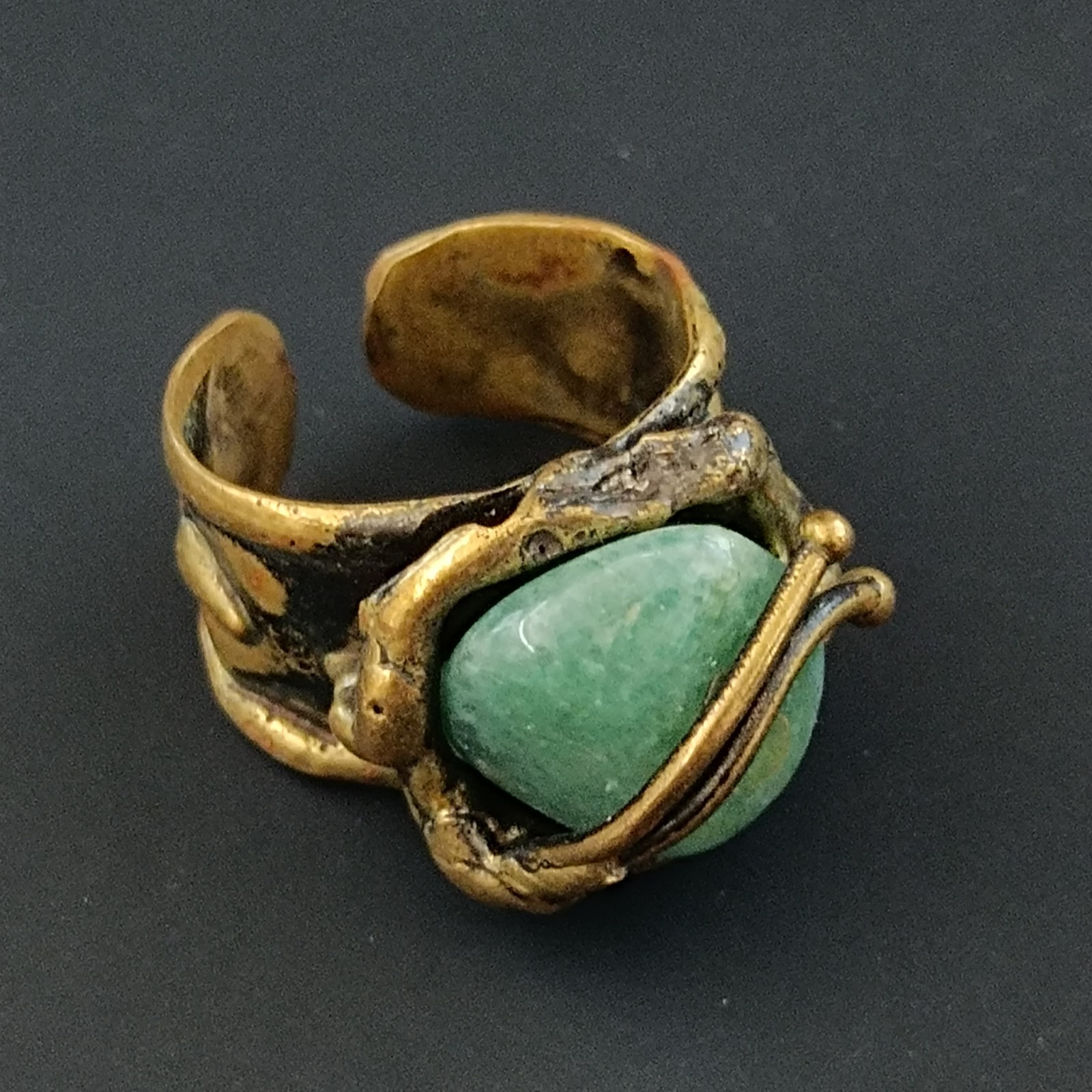 Brutalist Boho Ring Green Stone Organic Art Nouveau Revival Adjustable Statement