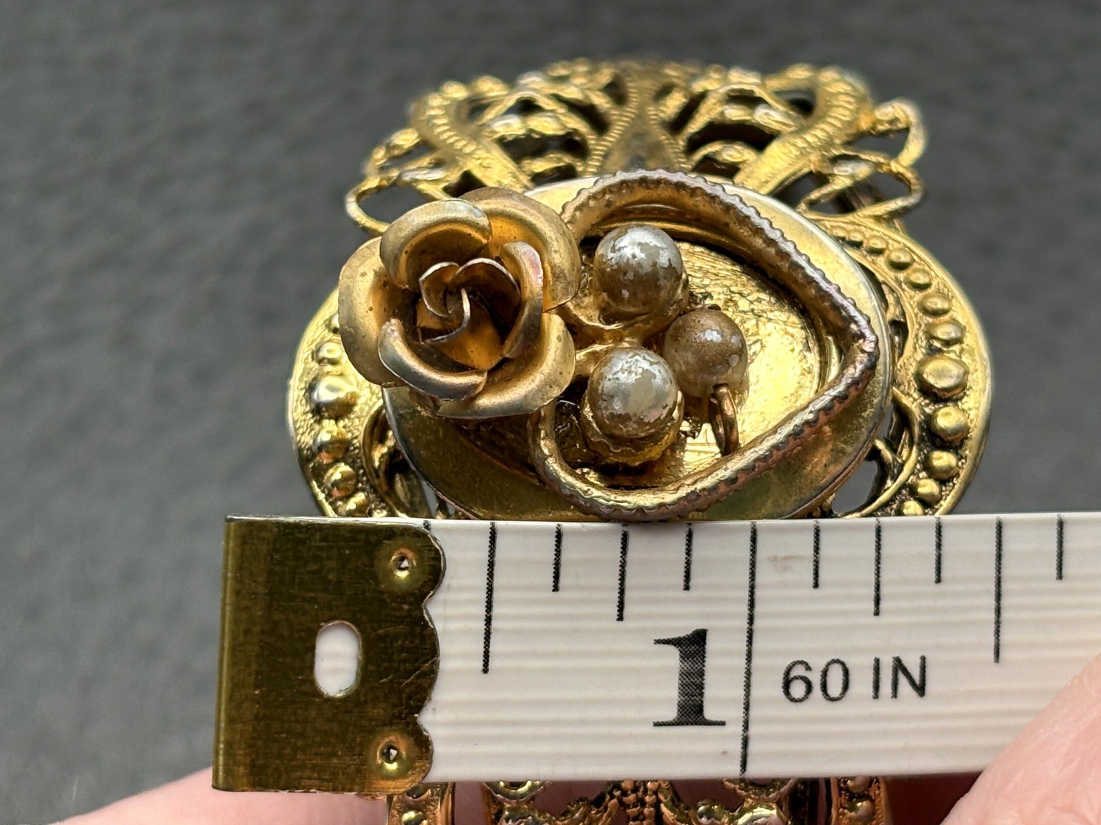 Vintage Gold Tone Filigree Bangle Bracelet Pearl Accents Rose Motif Hinged