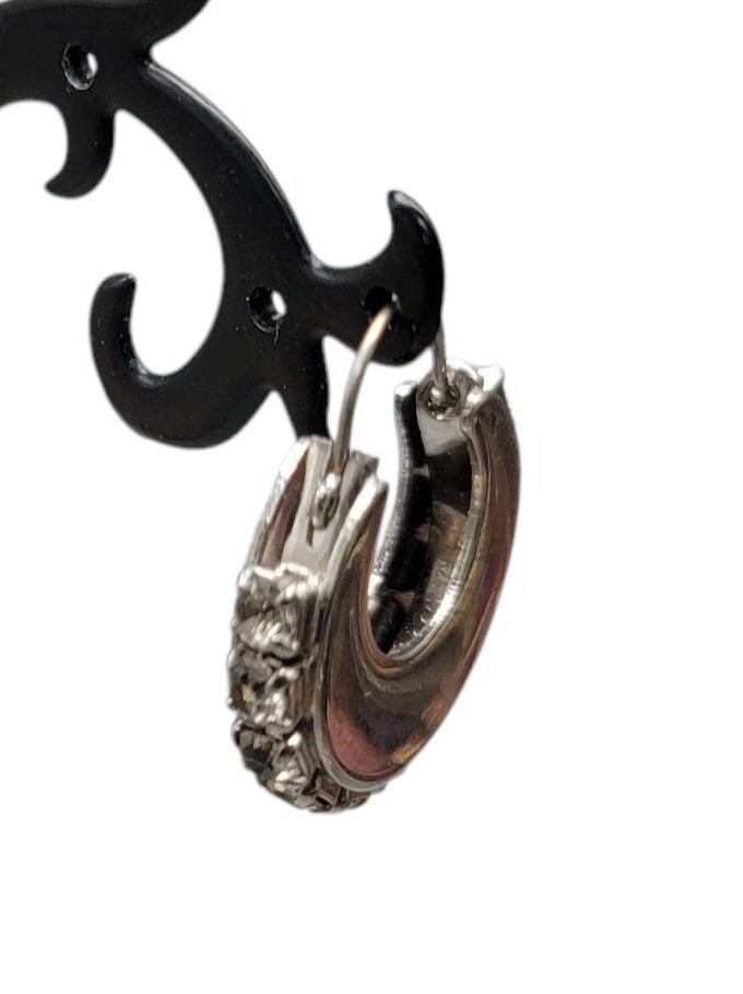 Silver Tone Rhinestone Hoop Earrings Hinged Closure Vintage Pat Pend Unsigned