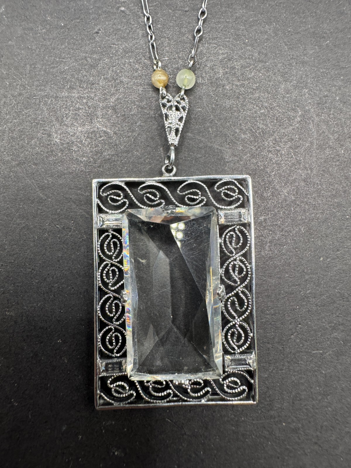 Art Deco Filigree Crystal Chain & Pendant Silver Tone