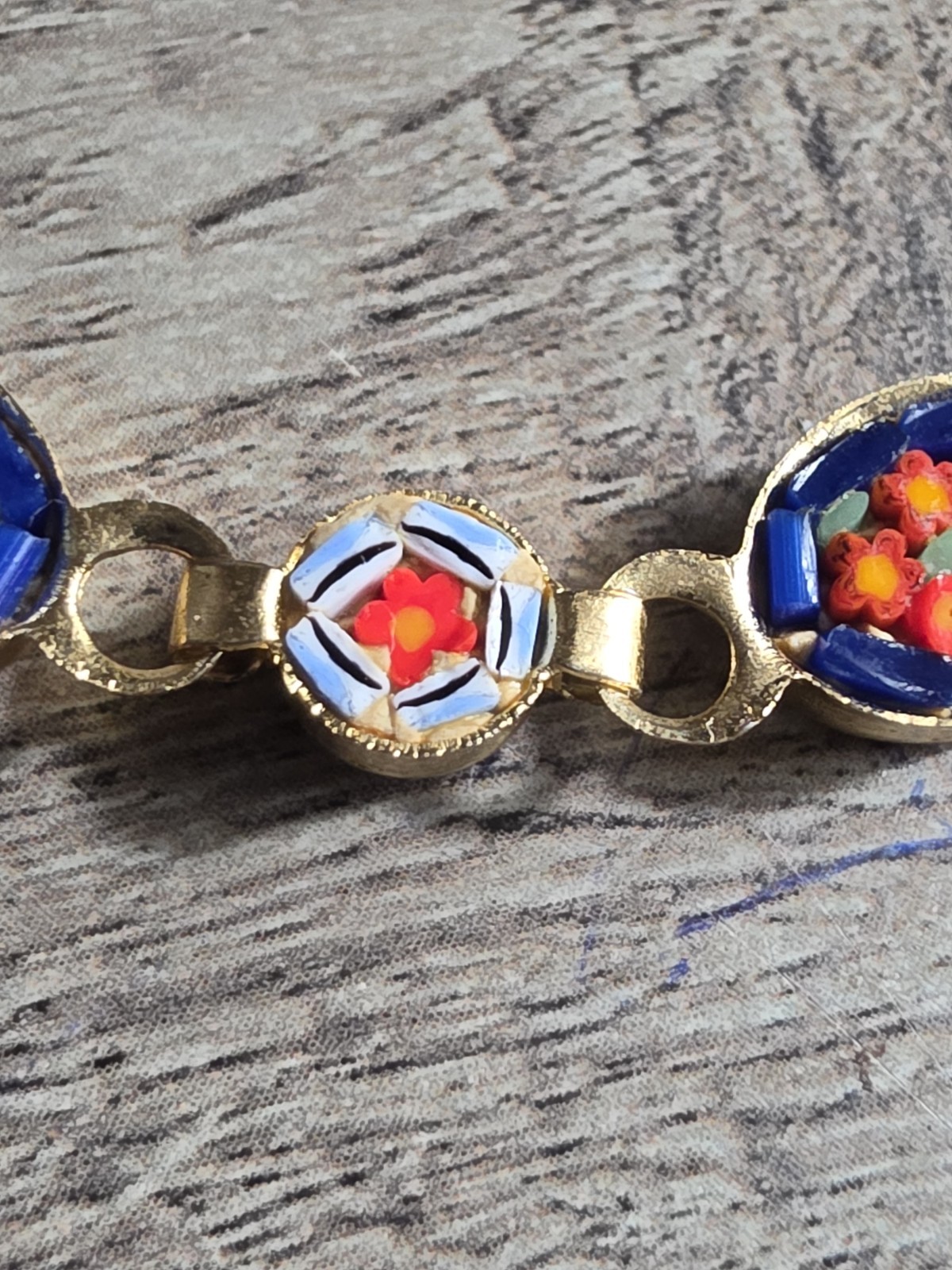Vintage Micro Mosaic Multi Color Floral Design Linked Bracelet