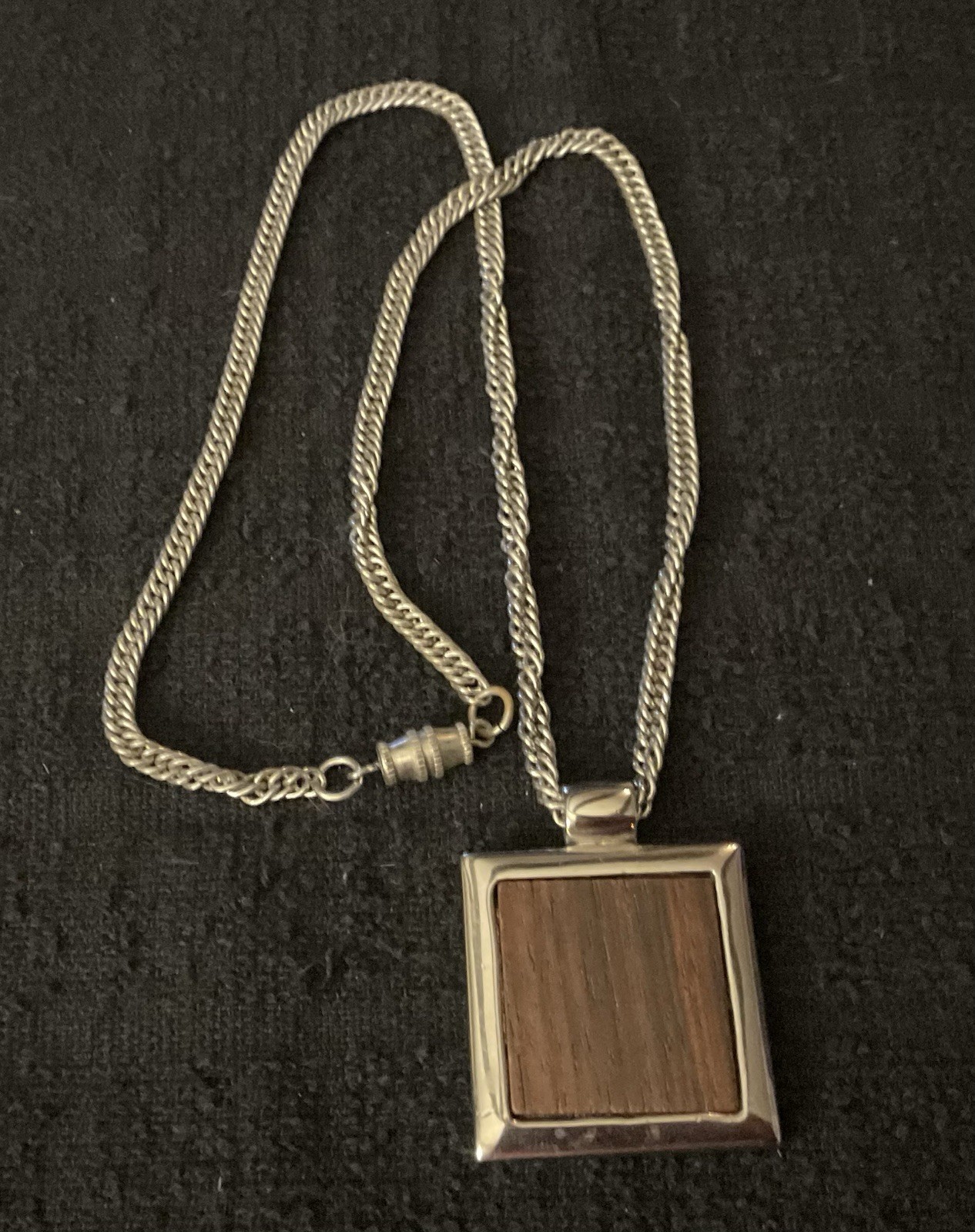 Vintage Square Steel Pendant with Wood Necklace and Chain