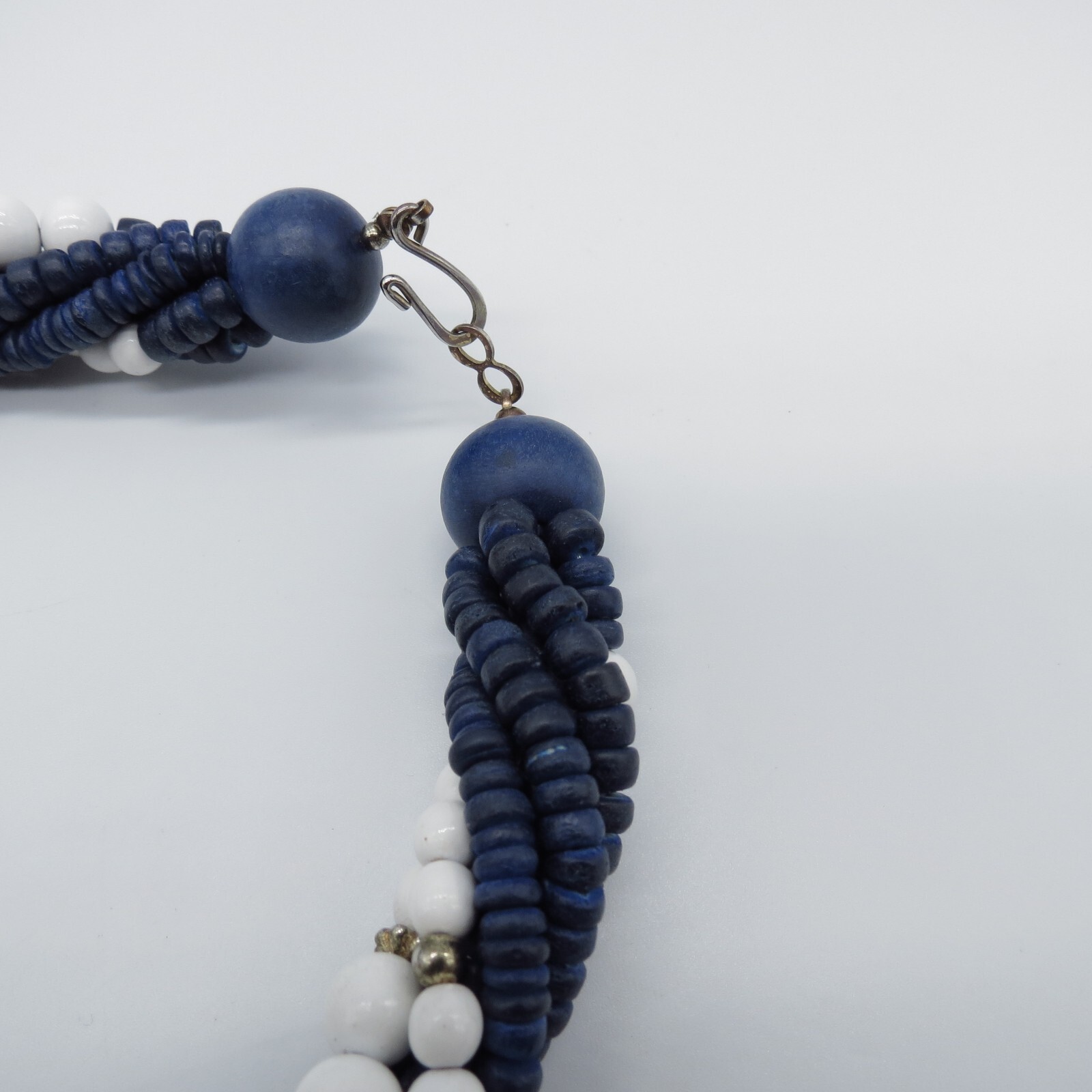 Blue White Bead Torsade Statement Necklace Boho Ethnic 19″