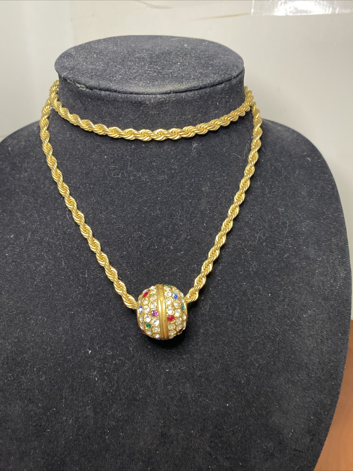 Vintage Big Gold Tone Crystal Rhinestone Ball Slide Rope Chain Necklace 28”