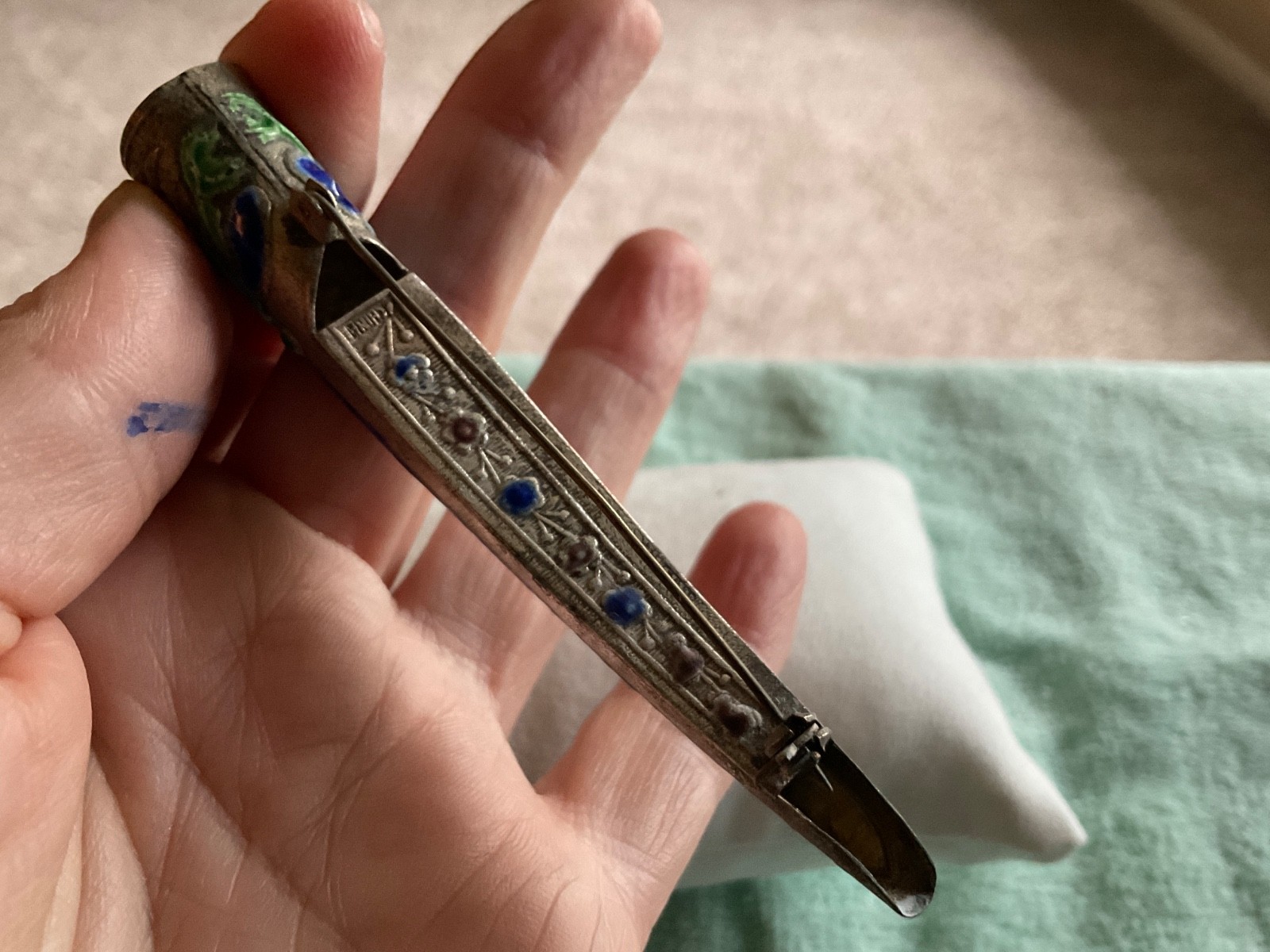Vintage Chinese Stamped Silver Jeweled Enamel Finger Guard Brooch Pin Jewelry 2