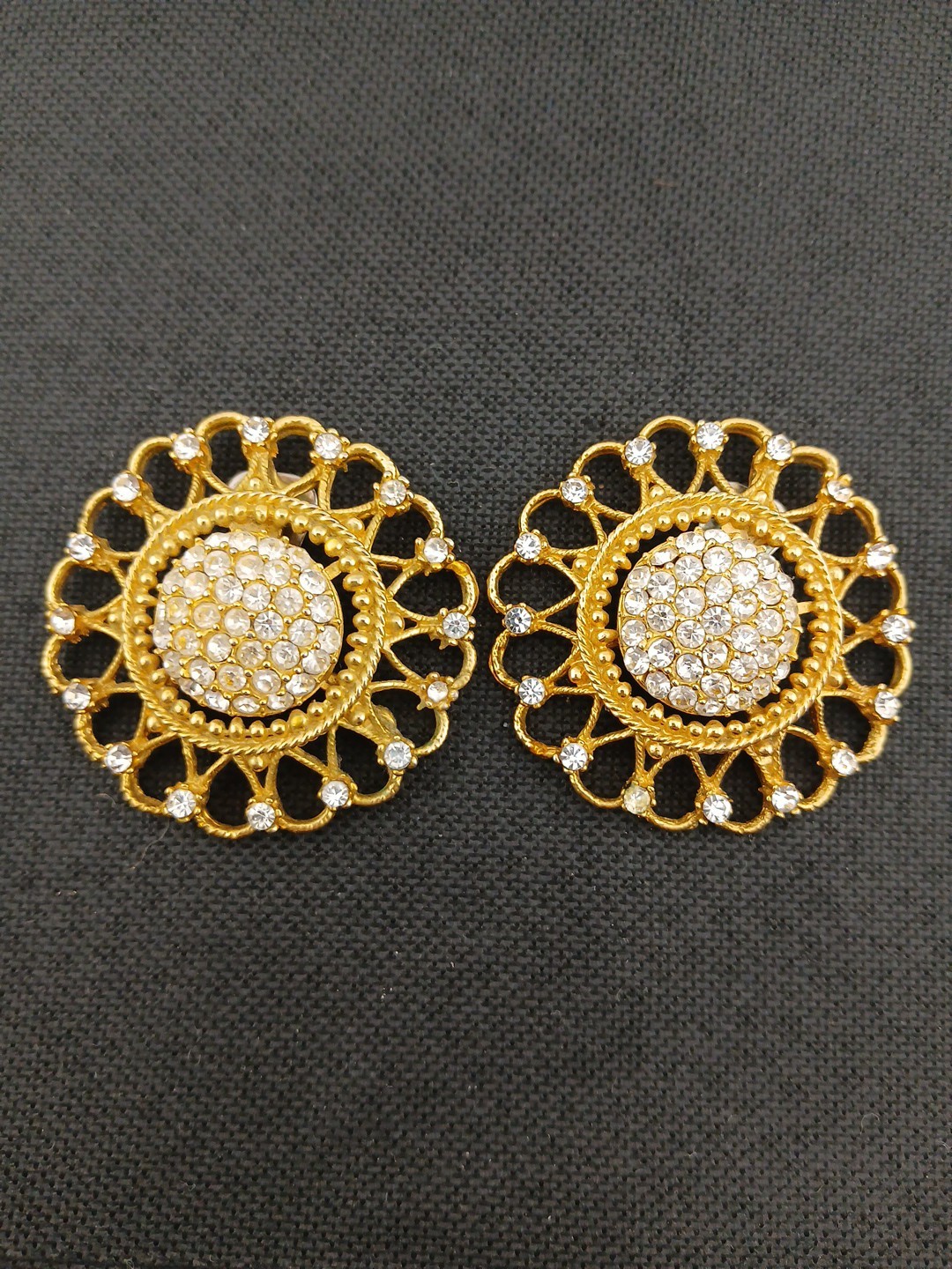 HUGE 1980 gold-tone pave clear crystals open metal work round clip-on earrings