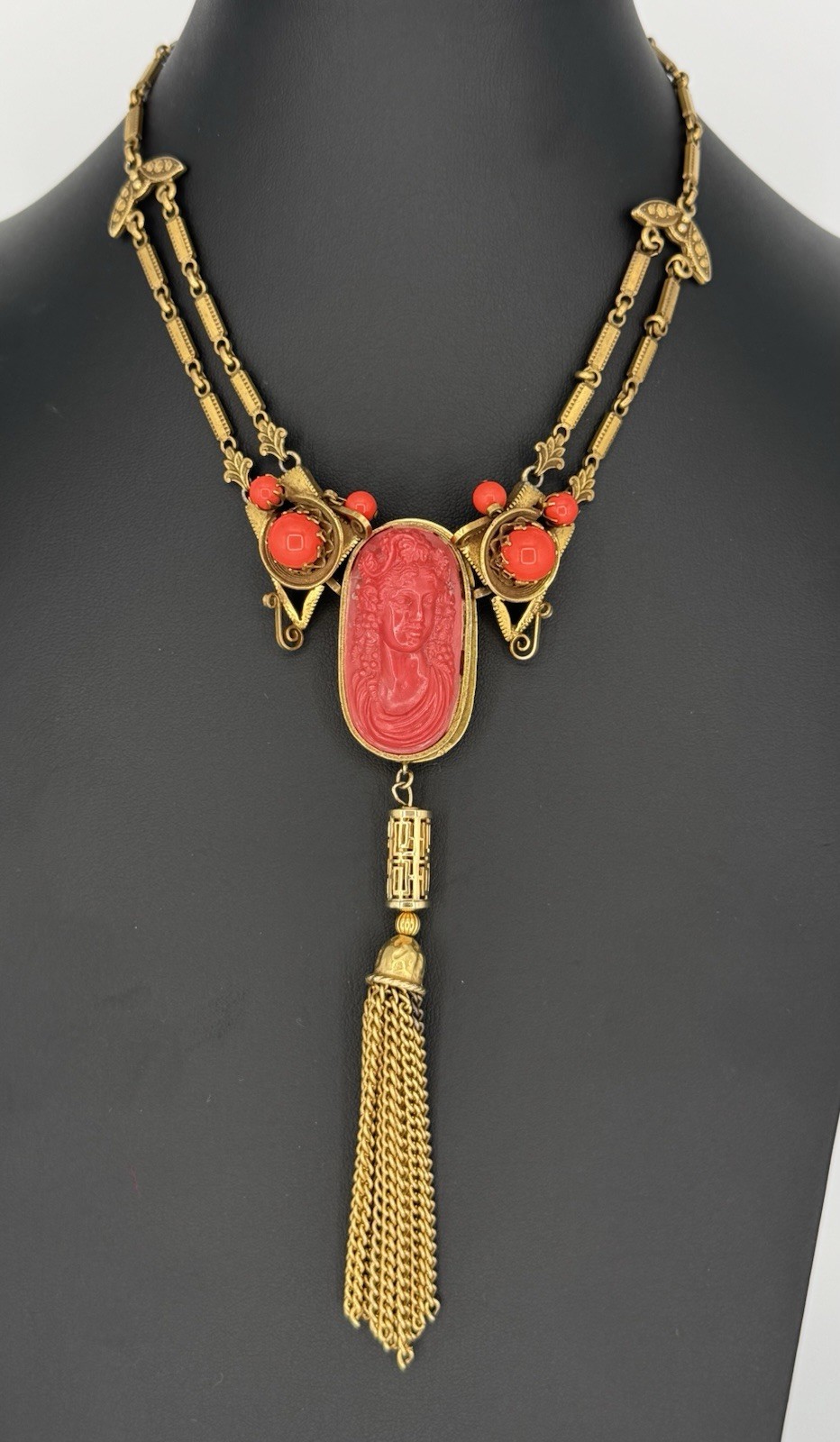 Vintage 1920s-1930s Art Deco Czech Faux Coral Cameo Brass Tassel Necklace