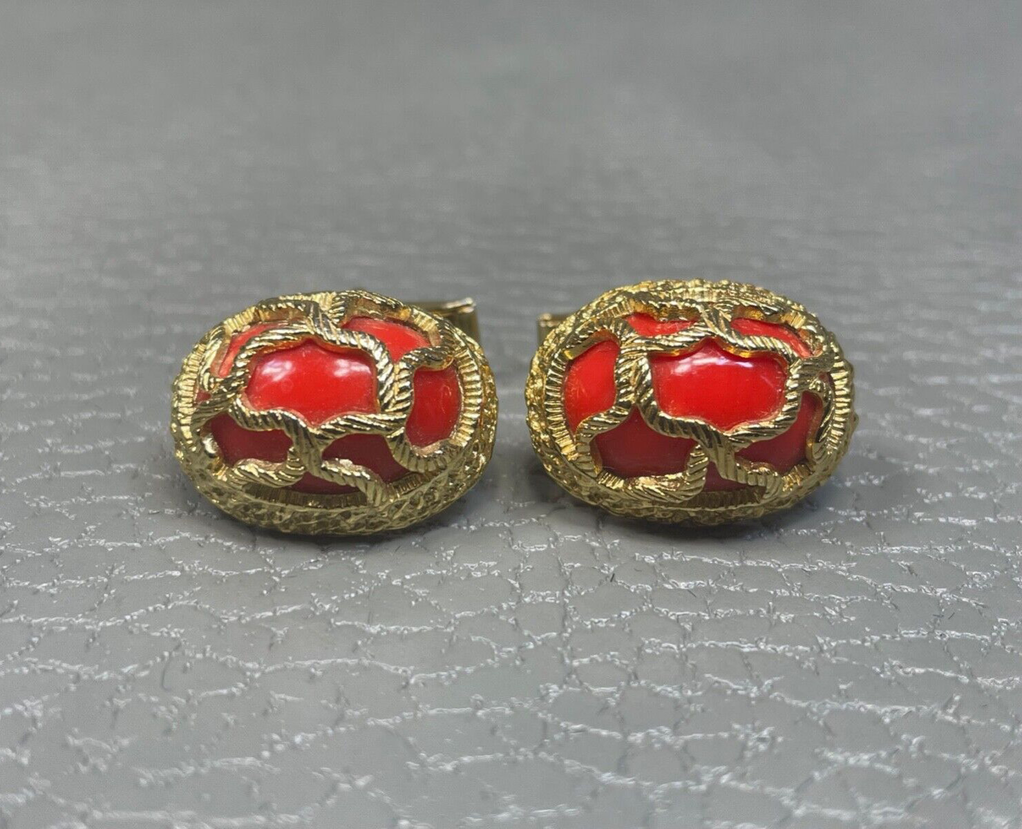 Contemporary Encrusted Orange Stone Yellow Gold Plated Cuff Links