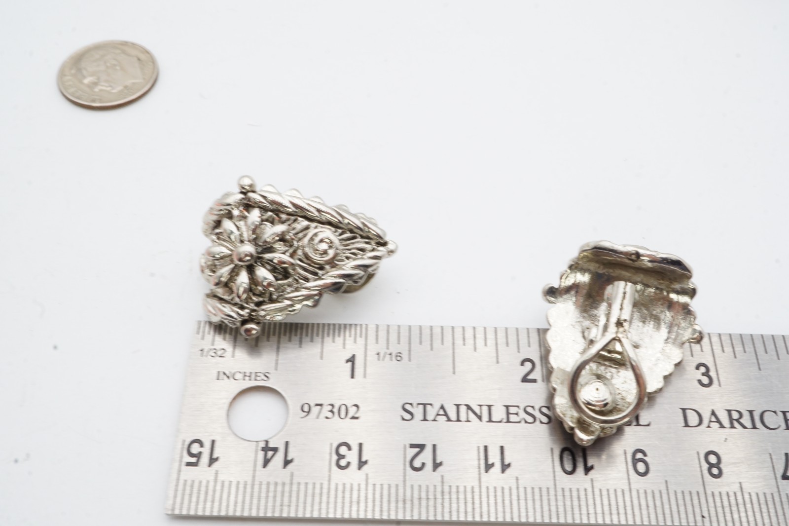 Vintage Clip On Earrings Silver Tone Textured Flower
