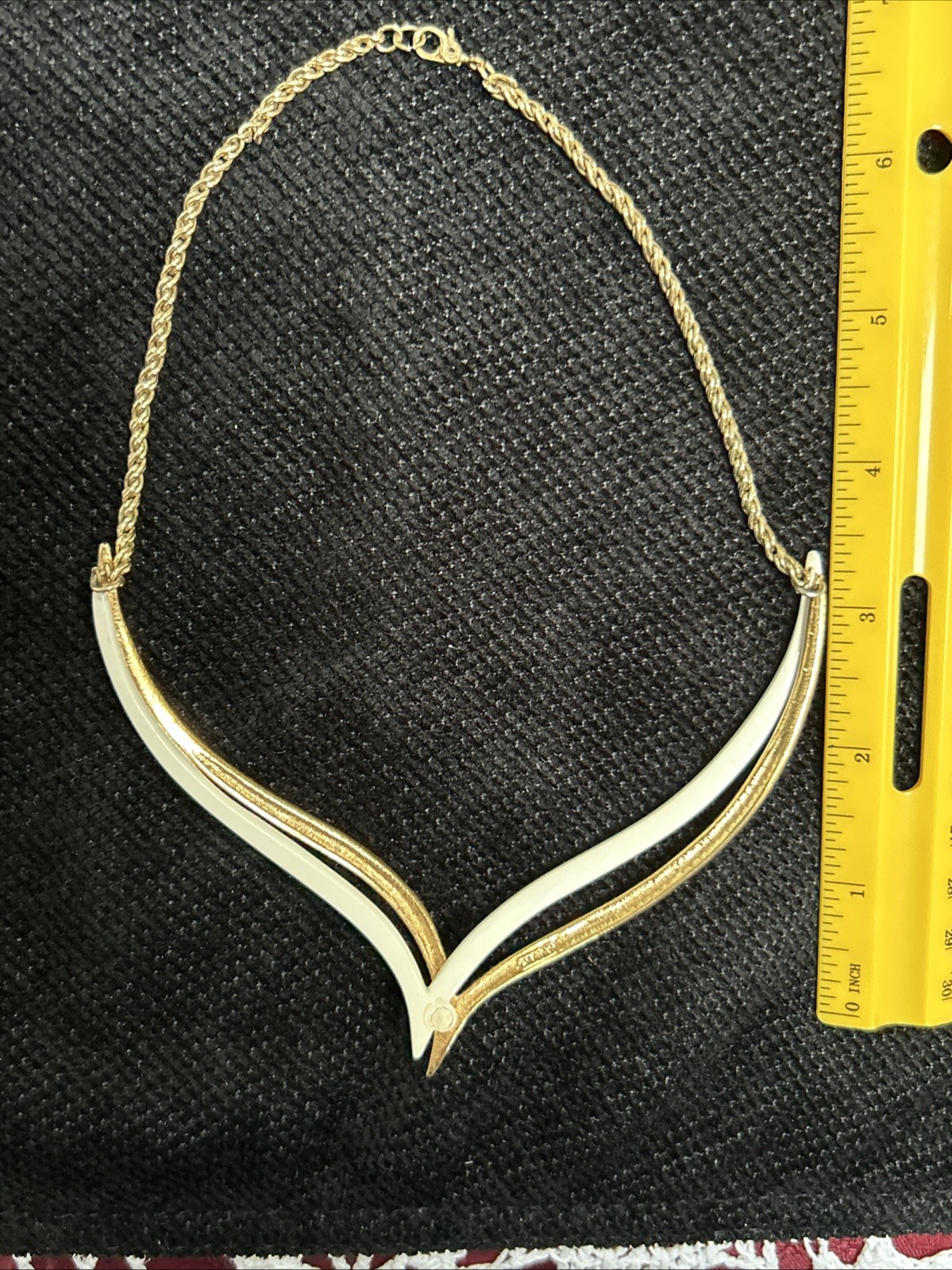 Vintage Monet Double V Neck Swirl Choker Necklace Two Tone Gold Off White Signed