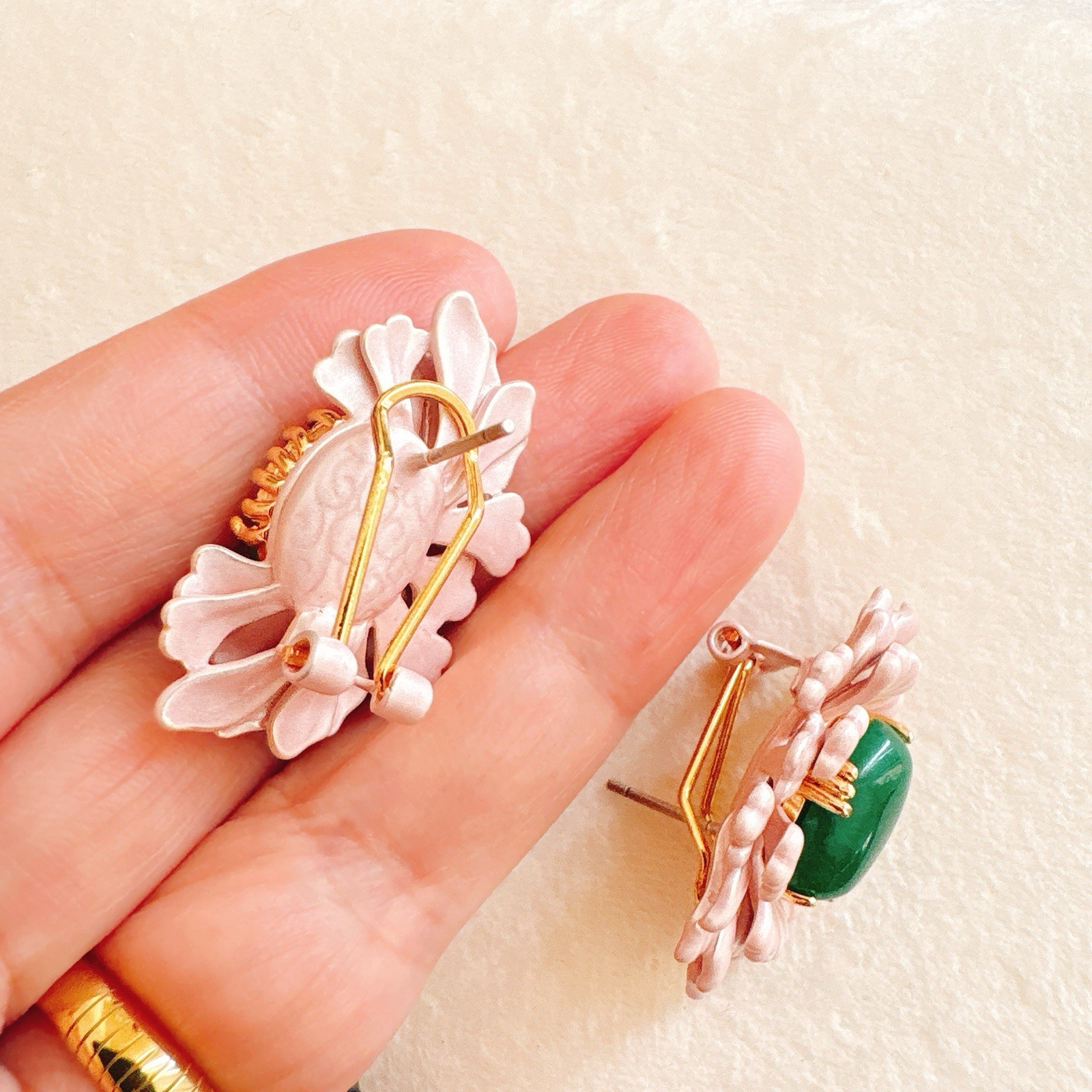 Pink Enamel Floral Earrings with Green Jade-Style Center-Vintage Style