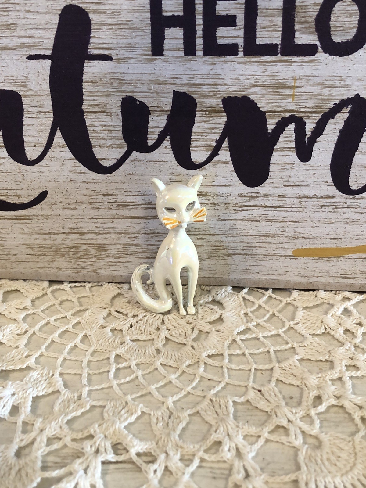 Two Vintage Brooches Flower Wheelbarrow & Iridescent White Cat Beautiful Pins